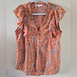 DR2 Orange Paisley Blouse with Ruffle Sleeves v Neck Top